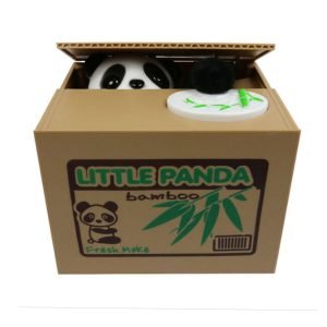 Panda bear stealing coin money box piggy bank